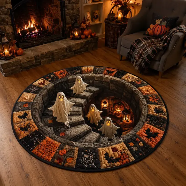 Stone stairwell illusion rug with ghosts and pumpkins