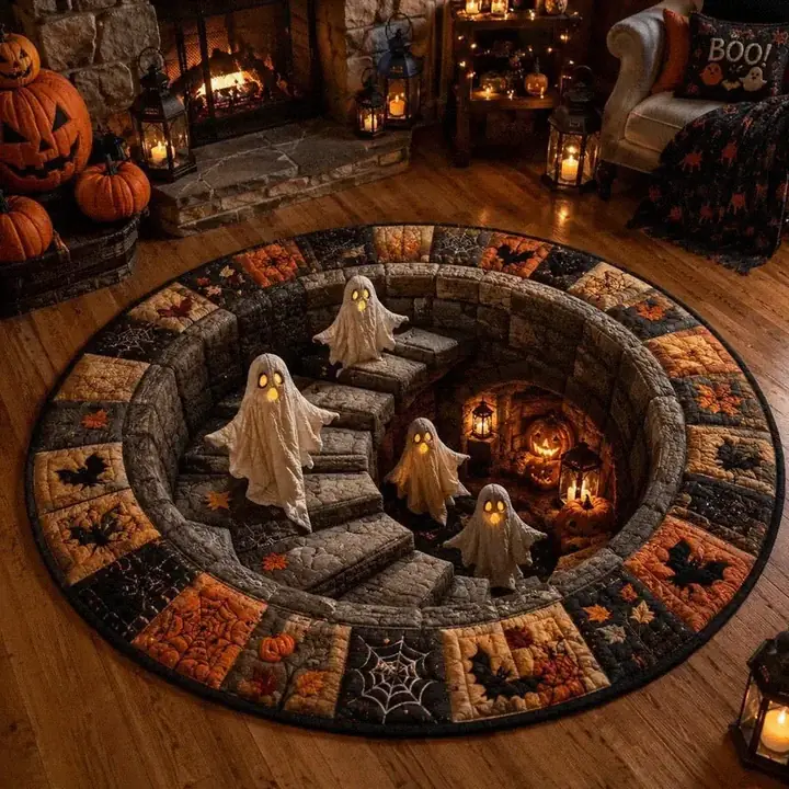 Haunted stairwell rug shown in a decorated room